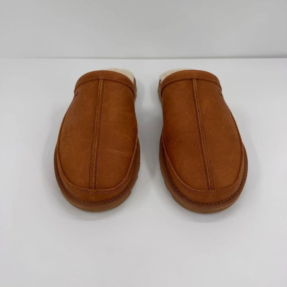 Clarks Men's Size 10 Leather Faux Fur Lined Scuff Slip Ons Slippers Tan Brown - Picture 2 of 11